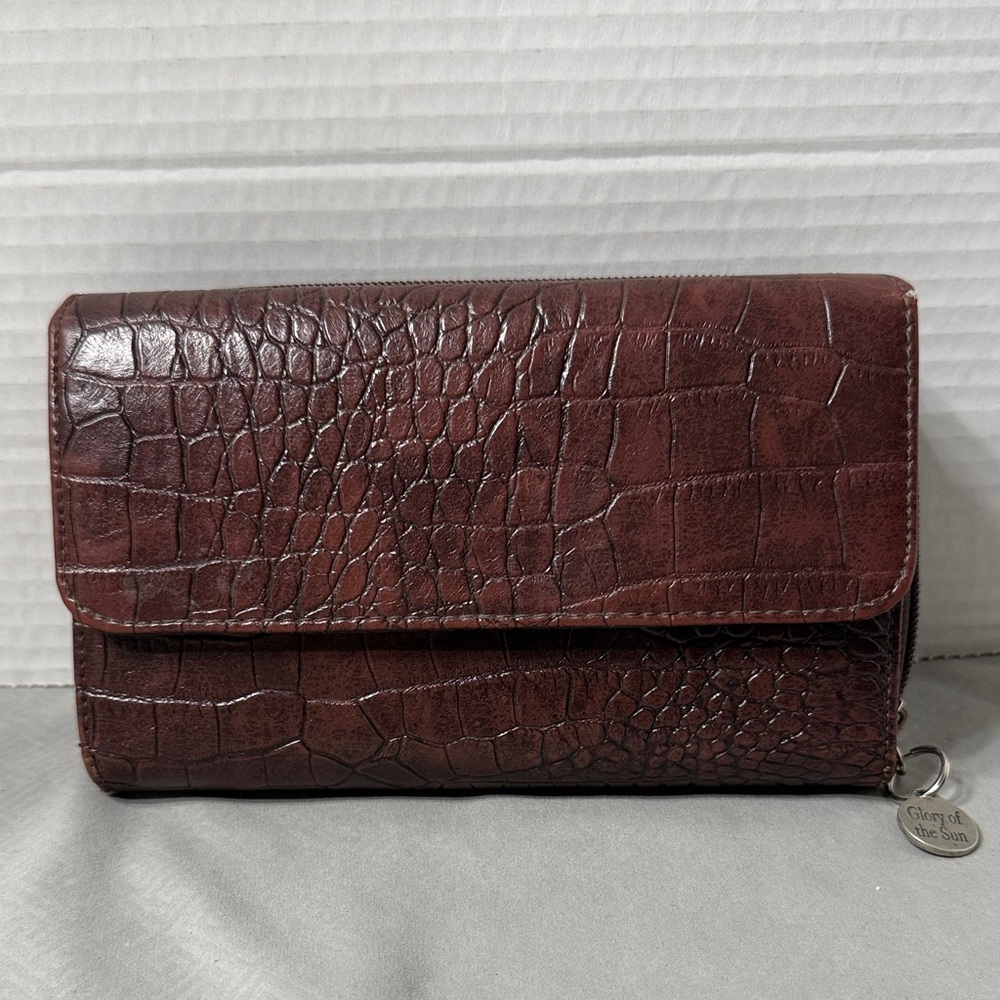 Vtg Brown Faux Crocodile Embossed Womens Clutch Wallet Travel Boho Compartments